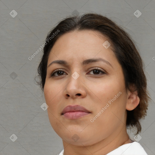 Neutral white adult female with medium  brown hair and brown eyes