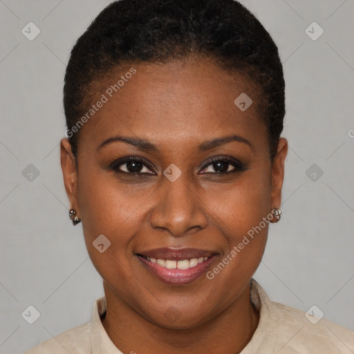 Joyful black young-adult female with short  brown hair and brown eyes