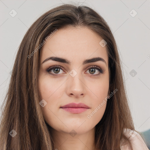 Neutral white young-adult female with long  brown hair and brown eyes