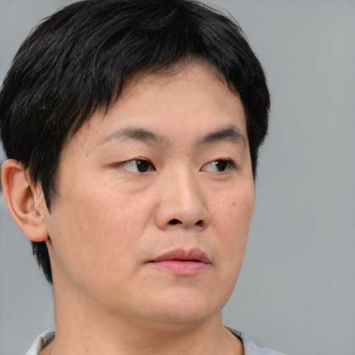 Neutral asian young-adult male with short  brown hair and brown eyes