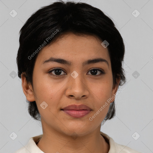 Joyful asian young-adult female with medium  black hair and brown eyes