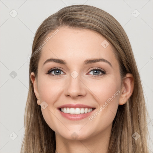 Joyful white young-adult female with long  brown hair and grey eyes