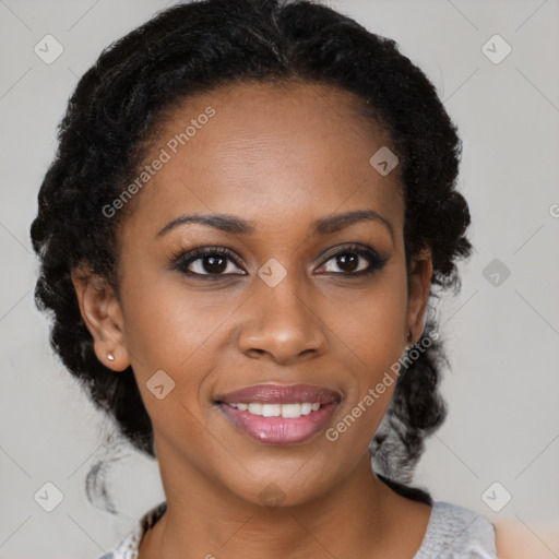 Joyful black young-adult female with medium  black hair and brown eyes