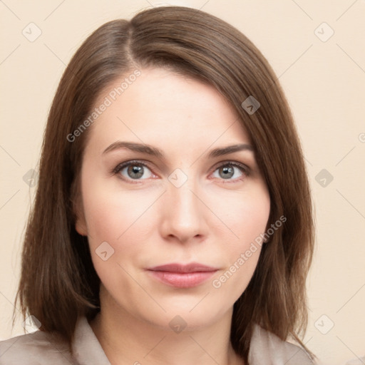 Neutral white young-adult female with medium  brown hair and grey eyes