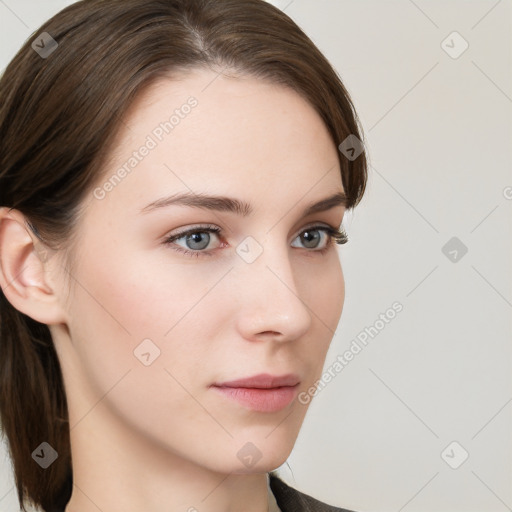 Neutral white young-adult female with medium  brown hair and grey eyes