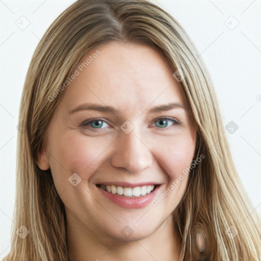 Joyful white young-adult female with long  brown hair and blue eyes