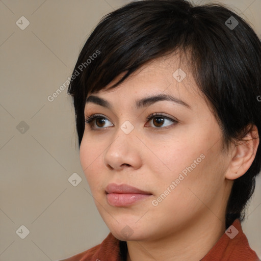 Neutral white young-adult female with medium  brown hair and brown eyes