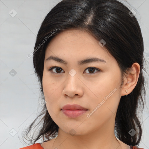 Neutral asian young-adult female with medium  black hair and brown eyes