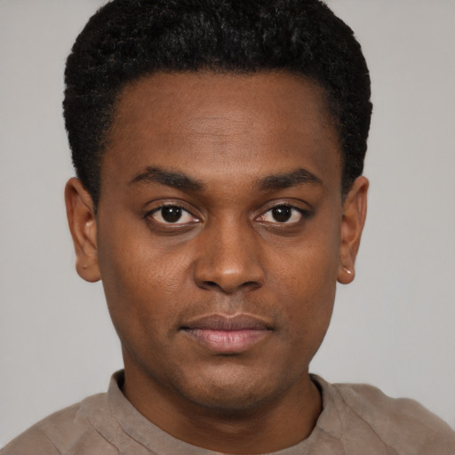 Neutral black young-adult male with short  black hair and brown eyes