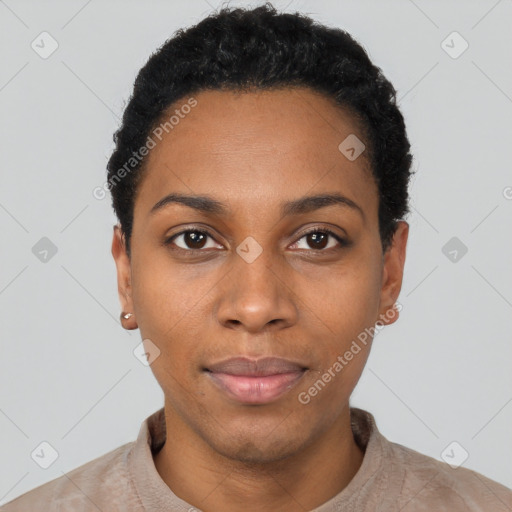 Neutral black young-adult female with short  black hair and brown eyes