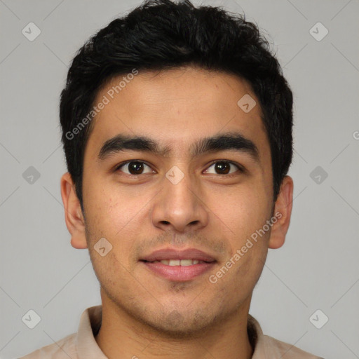 Joyful latino young-adult male with short  brown hair and brown eyes