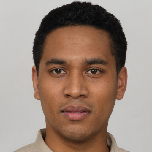 Neutral black young-adult male with short  black hair and brown eyes