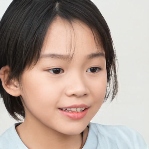 Joyful white child female with medium  brown hair and brown eyes