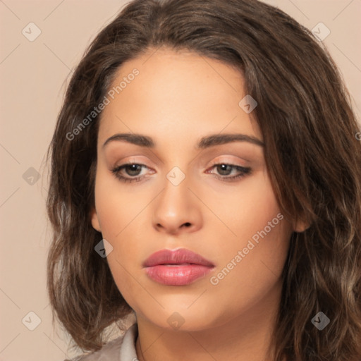 Neutral white young-adult female with long  brown hair and brown eyes