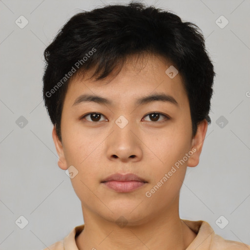 Neutral asian young-adult male with short  black hair and brown eyes