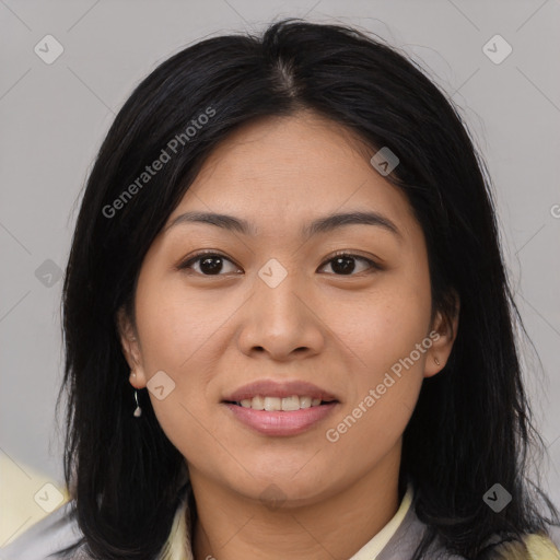 Joyful asian young-adult female with long  brown hair and brown eyes