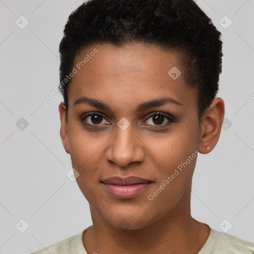 Joyful black young-adult female with short  brown hair and brown eyes