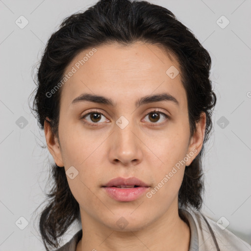 Neutral white young-adult female with medium  brown hair and brown eyes