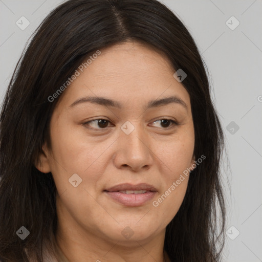 Joyful white adult female with long  brown hair and brown eyes