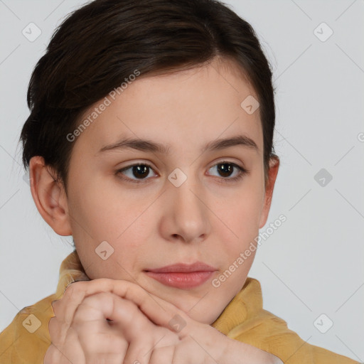 Neutral white young-adult female with medium  brown hair and brown eyes