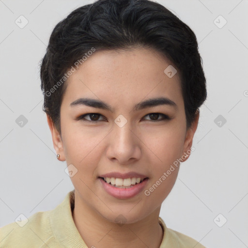 Joyful asian young-adult female with short  brown hair and brown eyes