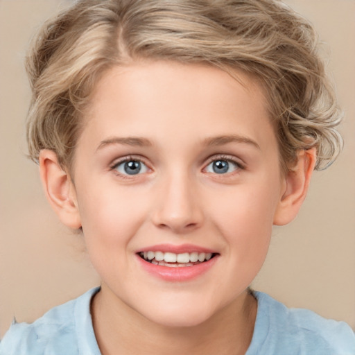 Joyful white child female with medium  brown hair and grey eyes