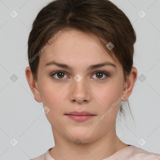 Neutral white young-adult female with short  brown hair and brown eyes