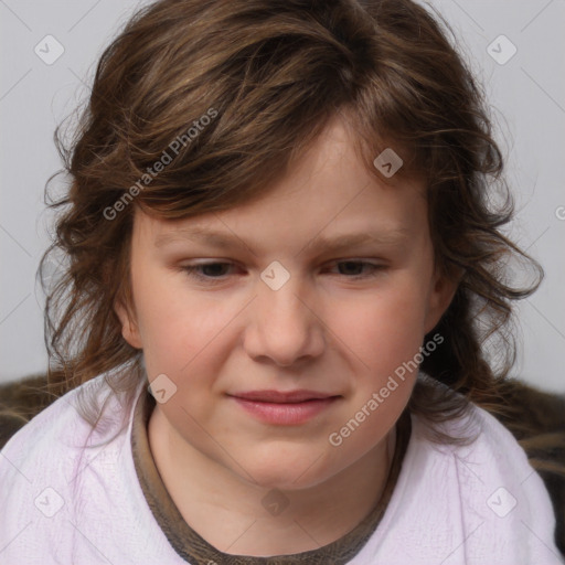 Joyful white child female with medium  brown hair and brown eyes