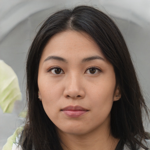 Neutral asian young-adult female with long  brown hair and brown eyes