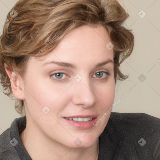 Joyful white young-adult female with medium  brown hair and blue eyes