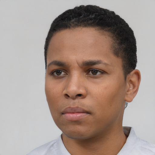 Neutral latino young-adult female with short  black hair and brown eyes