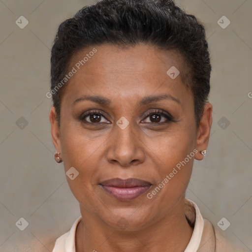 Joyful black adult female with short  brown hair and brown eyes