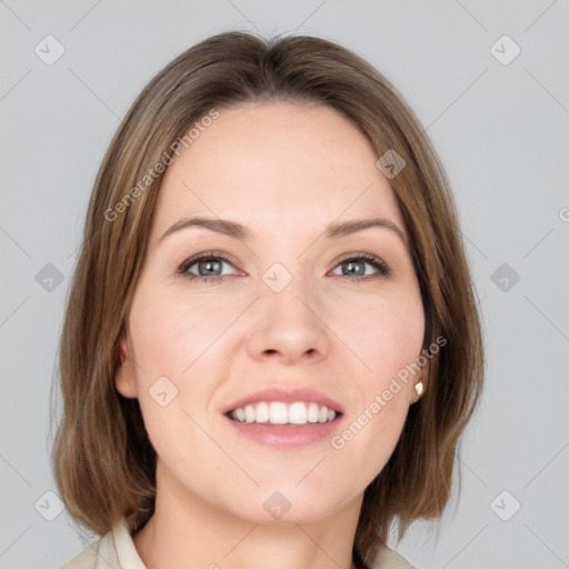 Joyful white young-adult female with medium  brown hair and green eyes