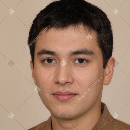 Neutral white young-adult male with short  black hair and brown eyes
