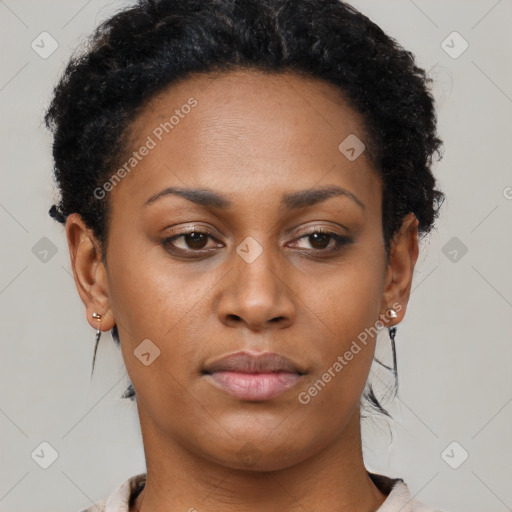 Neutral black young-adult female with short  black hair and brown eyes