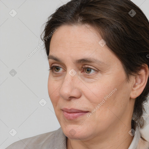 Neutral white adult female with medium  brown hair and brown eyes