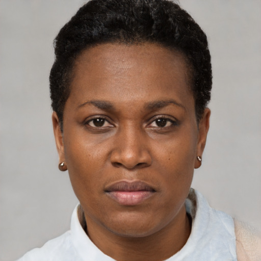 Neutral black young-adult female with short  brown hair and brown eyes