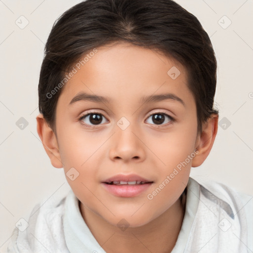 Joyful white child female with short  brown hair and brown eyes