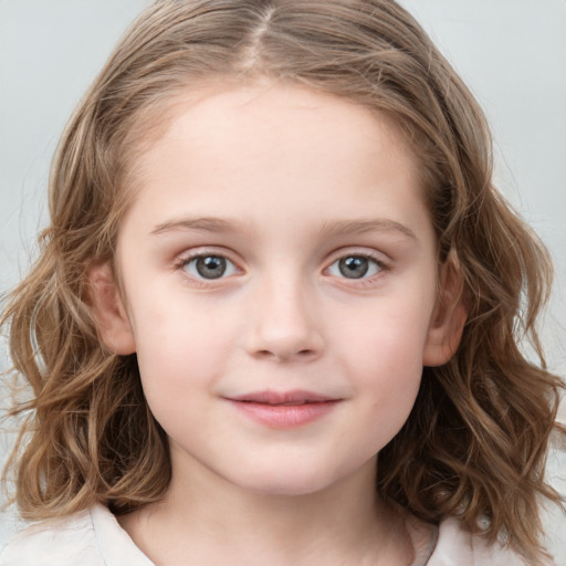 Joyful white child female with medium  brown hair and grey eyes