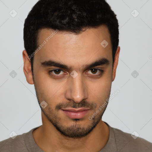 Neutral latino young-adult male with short  black hair and brown eyes