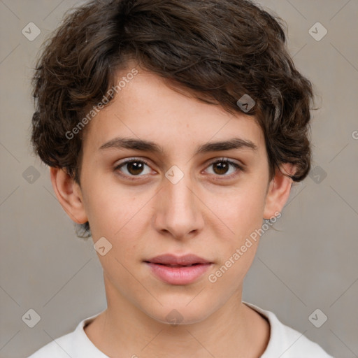 Neutral white young-adult female with short  brown hair and brown eyes