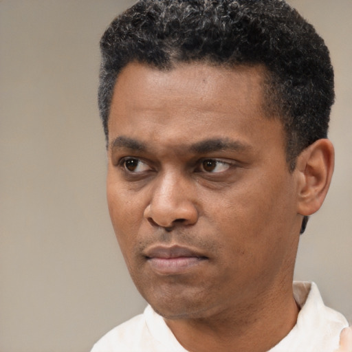 Neutral black adult male with short  black hair and brown eyes