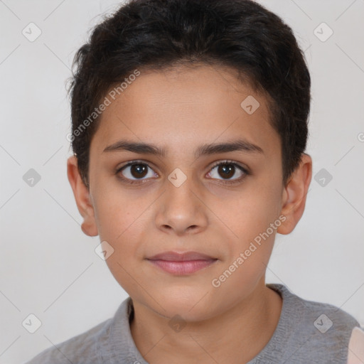 Joyful white child female with short  brown hair and brown eyes