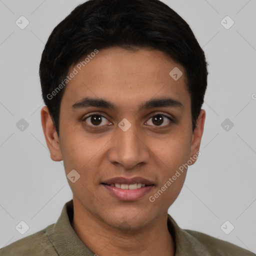 Joyful latino young-adult male with short  black hair and brown eyes