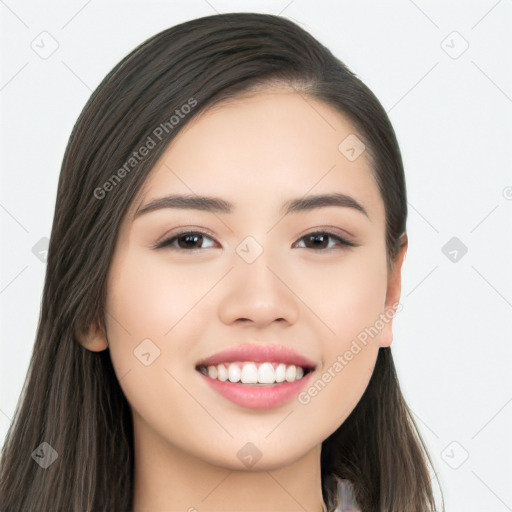 Joyful white young-adult female with long  black hair and brown eyes