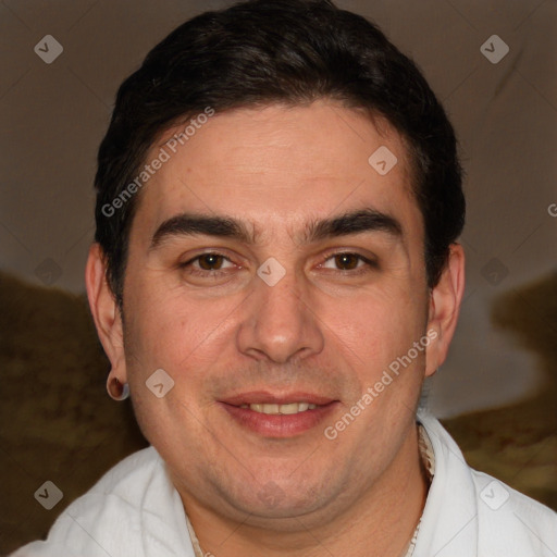 Joyful white adult male with short  brown hair and brown eyes