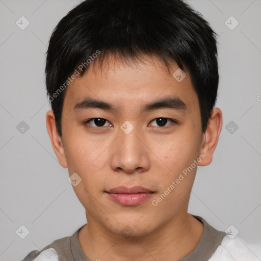 Neutral asian young-adult male with short  brown hair and brown eyes