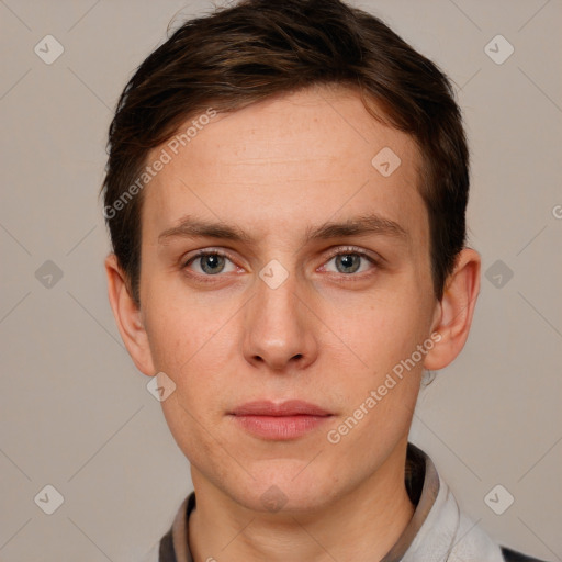 Neutral white young-adult male with short  brown hair and grey eyes