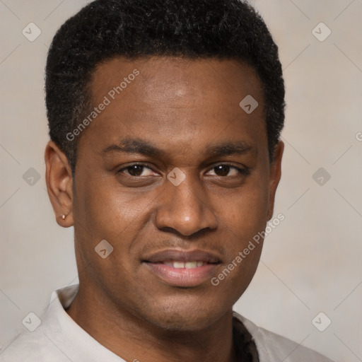 Joyful latino young-adult male with short  brown hair and brown eyes