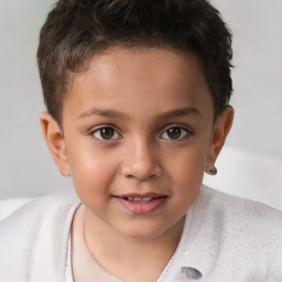 Joyful white child female with short  brown hair and brown eyes